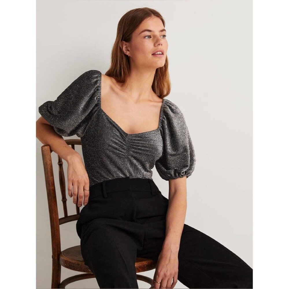 Boden Silver Sparkle New NWT Party Going Out Fancy Cocktail Ruched Jersey Top 12